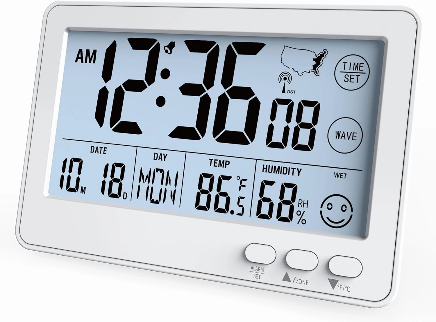 Small Desk Atomic Clock, Auto Set Digital Desk Clocks with Temperature, Humidity and Date, Alarm Clock for Bedroom, Office, 4 Time Zone, (White)