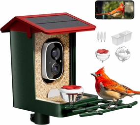 Smart Bird Feeder with Camera Solar Powered, 1080P HD Video, 10,000  Species AI Recognition, Real-Time App Alerts, Weatherproof Design for Effortless Birdwatching, Gift for Bird Lovers, Red-Green