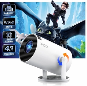 Smart Mini Projector WiFi6 Bluetooth 5.0 XGODY Gimbal 3 Protable Projector 12000L Support 4K with Android TV 11.0, Auto Keystone Correction Video Projector, 180°Rotatable Stand for Home Movie（White）