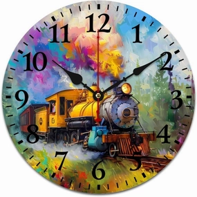 Smoke Steam Train Painting Wall Clock Silent Non-Ticking Battery Operated Wooden Clock Decoration for Home Office Living Room