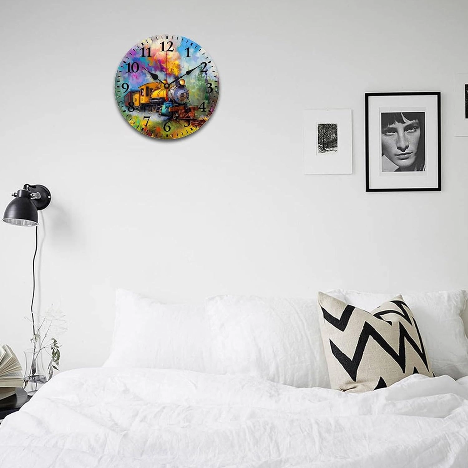 Smoke Steam Train Painting Wall Clock Silent Non-Ticking Battery Operated Wooden Clock Decoration for Home Office Living Room