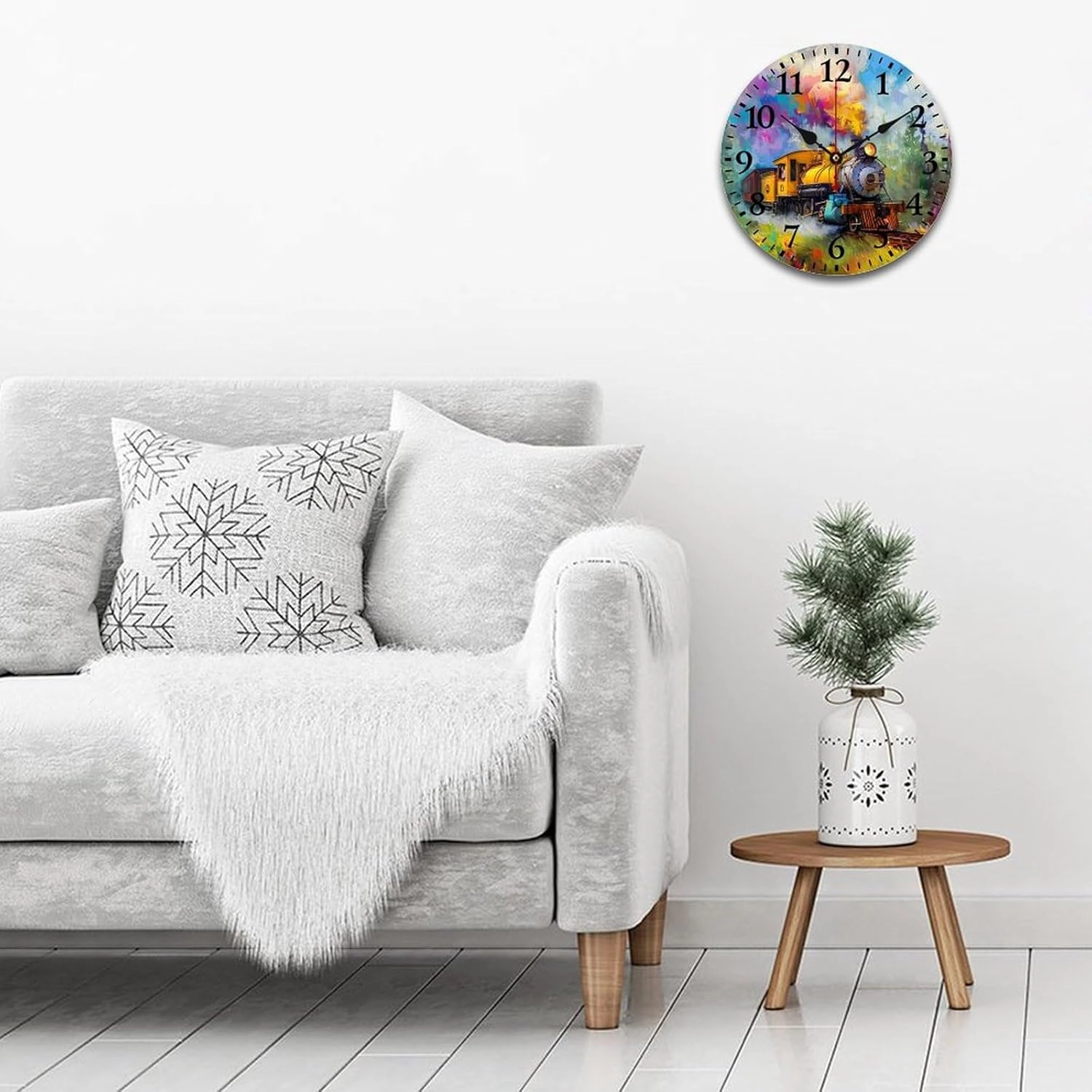 Smoke Steam Train Painting Wall Clock Silent Non-Ticking Battery Operated Wooden Clock Decoration for Home Office Living Room