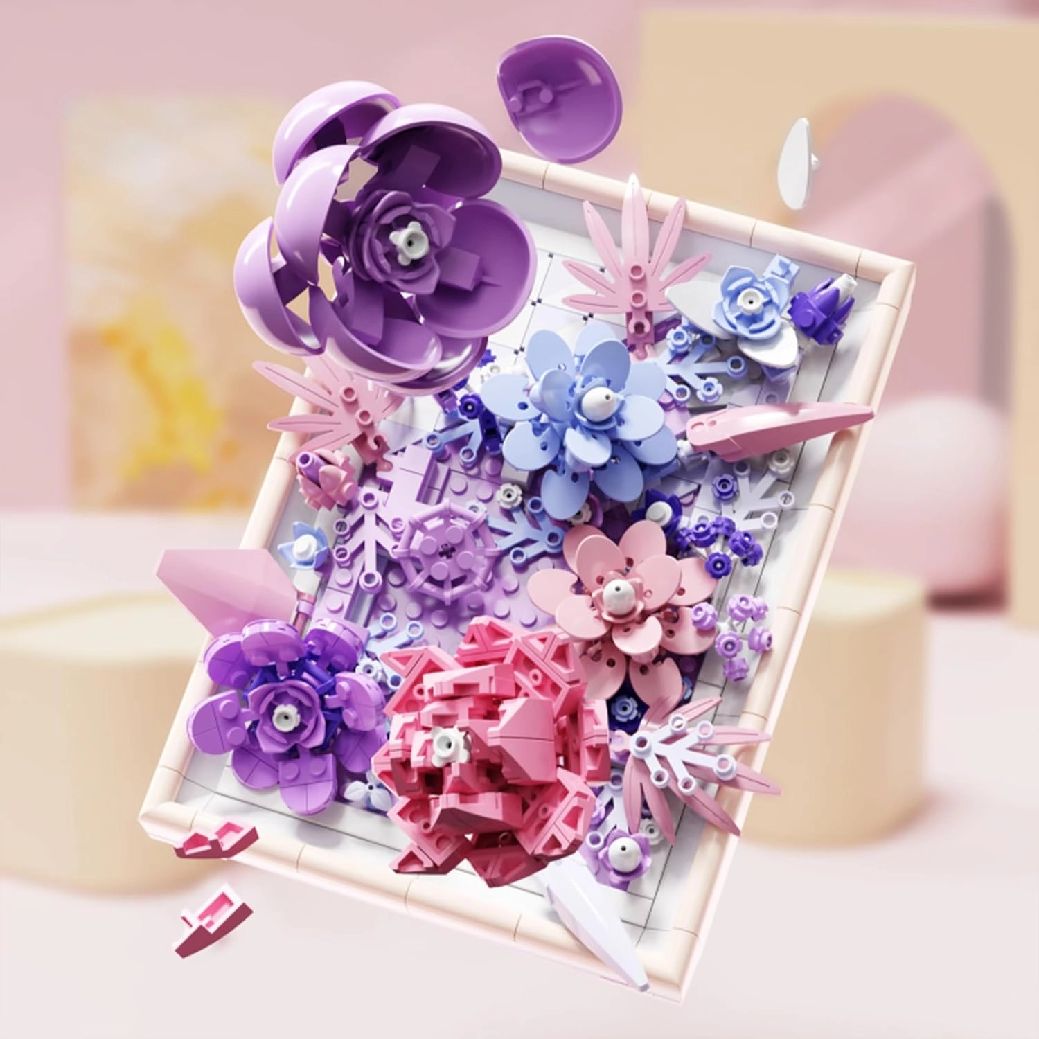 SOLEILHOME Flower Bouquet Framed Wall Art Building Kit - 768 Pieces Botanical Brick Set for Adults, DIY 3D Floral Picture Frame Home Décor, Creative Gift for Women/Men (Purple)