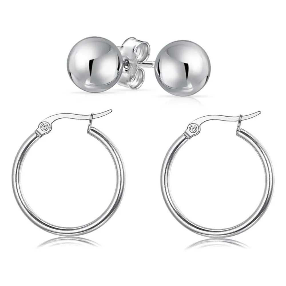 Solid Sterling Silver Hoop And Ball Set