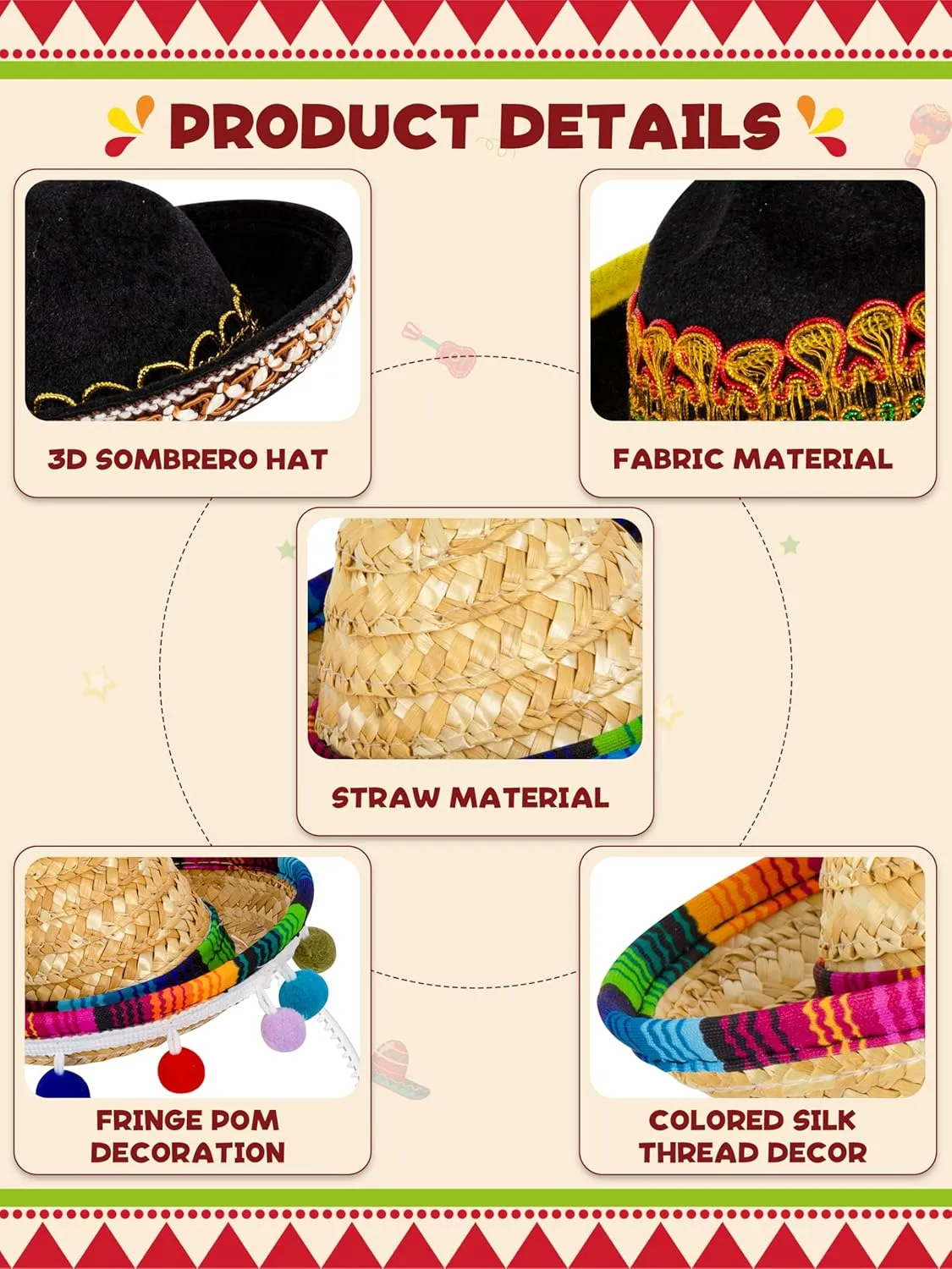 Sombrero Party Hats, Classic Cinco De Mayo Sombrero Headbands, Mini Mexican Party Hats with Headbands Fiesta Party Favors