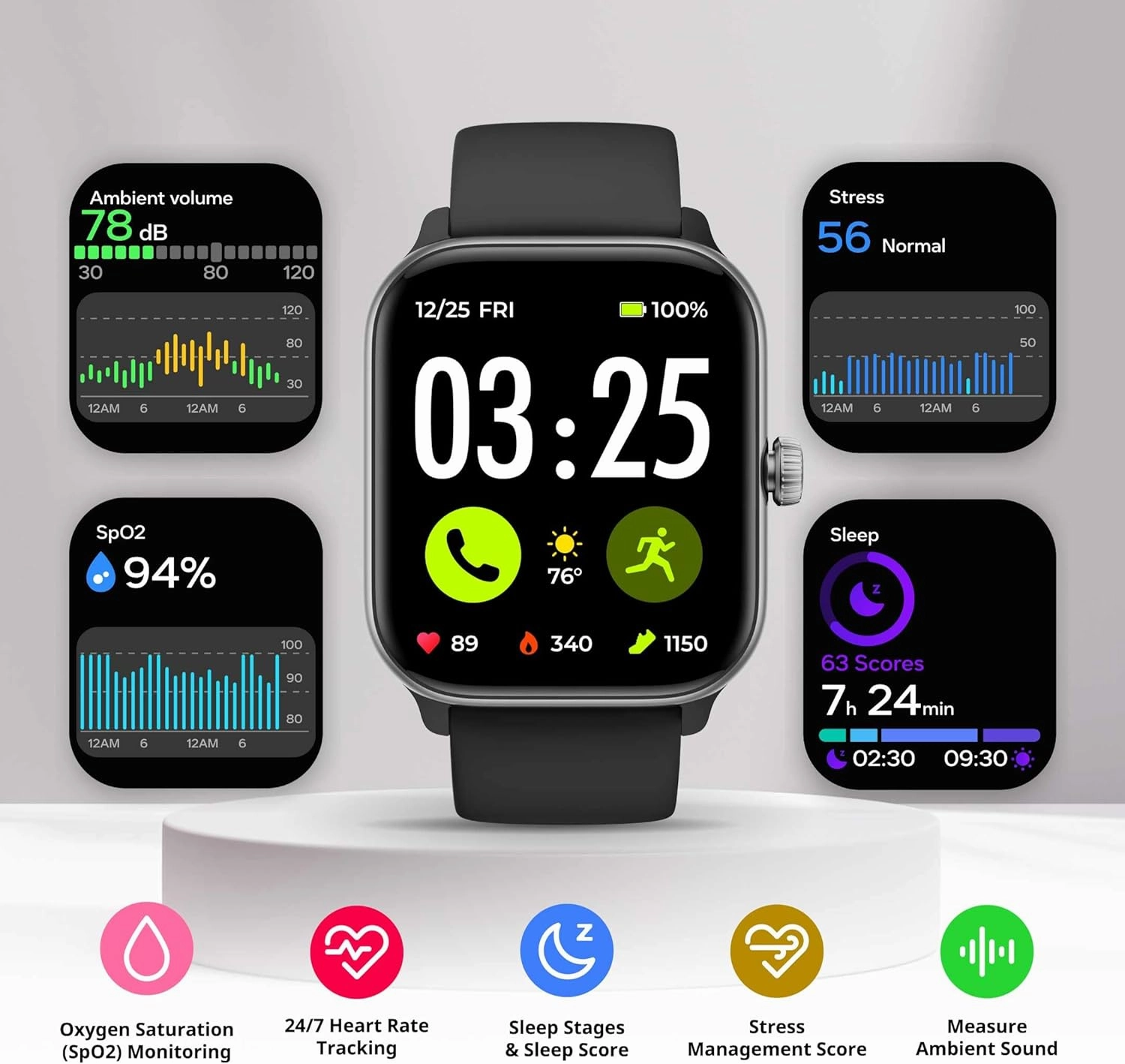 Spade & Co Health Smartwatch 4 - Smartwatch for Men & Women, Heart Rate, Sleep & SpO2 Monitor, Pedometer, Fitness Tracker, Answer/Make Calls IP68 Waterproof iOS & Android Compatible