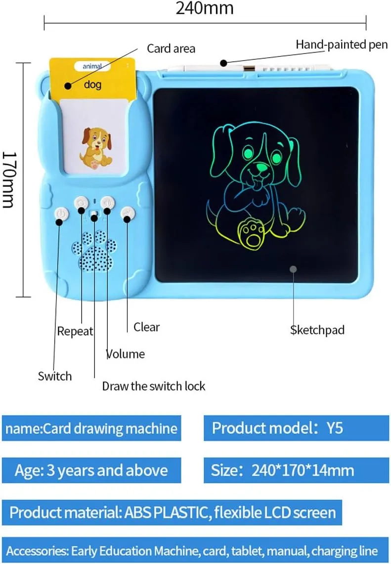 Spoken Language Board,Talking Flash Cards for Toddlers,2 in 1 Drawing Speaking Tablets with Bilingual Flashcards & LCD Writing Pad,Talking Flashcards for Toddlers 1-3 (255 Blue)