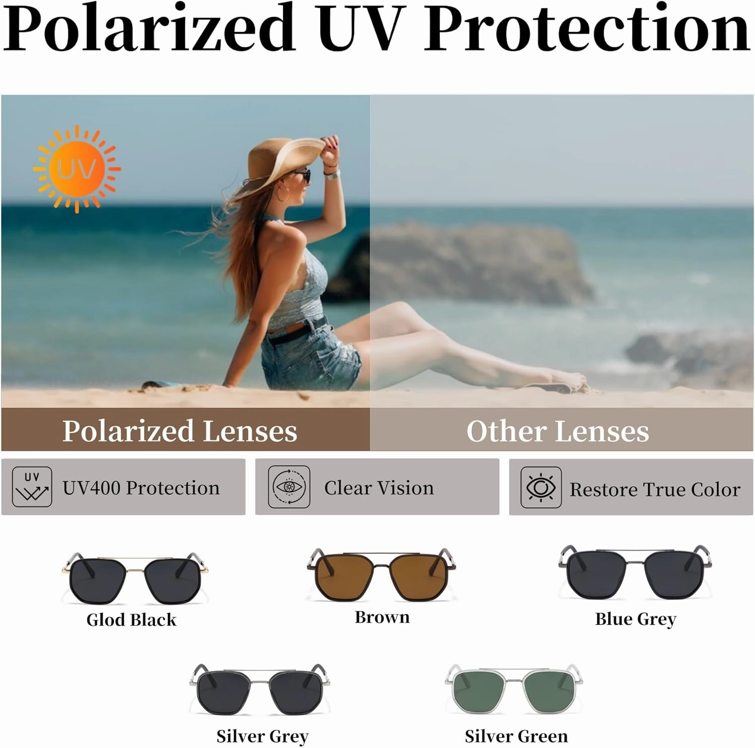 Square Retro Aviator Sunglasses for Women Trendy Womens Sunglasses Polarized UV Protection Tangle Free Metal Frame