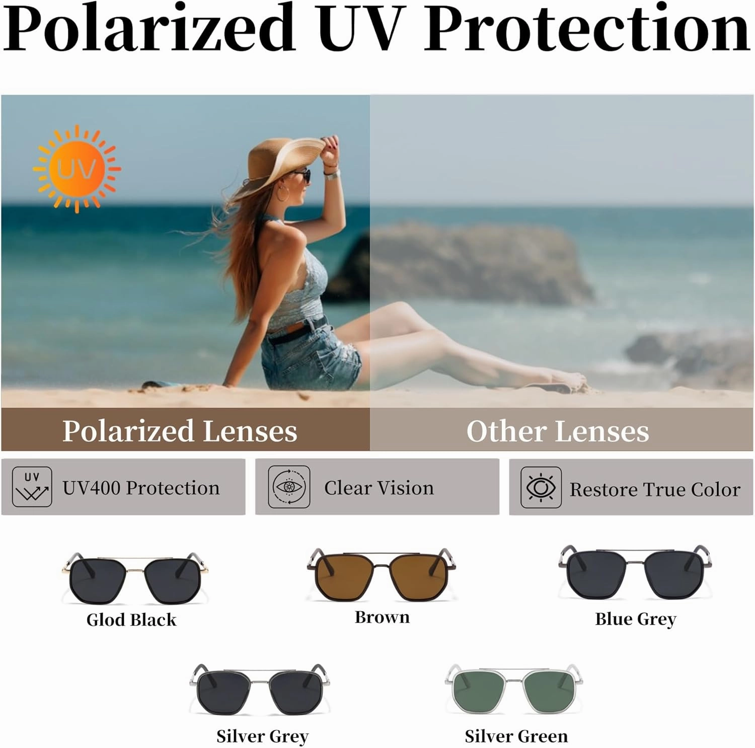 Square Retro Aviator Sunglasses for Women Trendy Womens Sunglasses Polarized UV Protection Tangle Free Metal Frame
