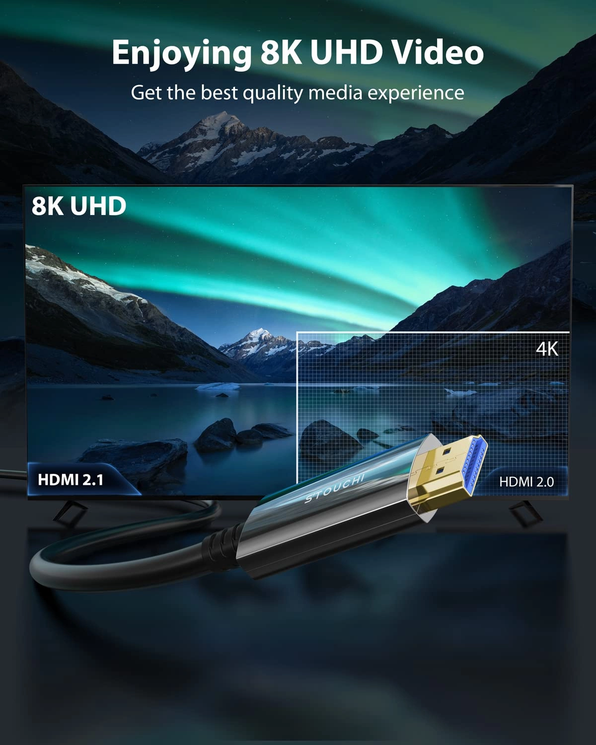 Stouchi 8K HDMI Fiber Optic Cable 30ft, 48Gbps Ultra High Speed HDMI® Cable, CL3 Rated, 10K 8K60Hz 4K120Hz 2K144Hz Dynamic HDR HDCP 2.2 & 2.3 eARC Compatible for PS5, Xbox Series X, Apple TV 4K
