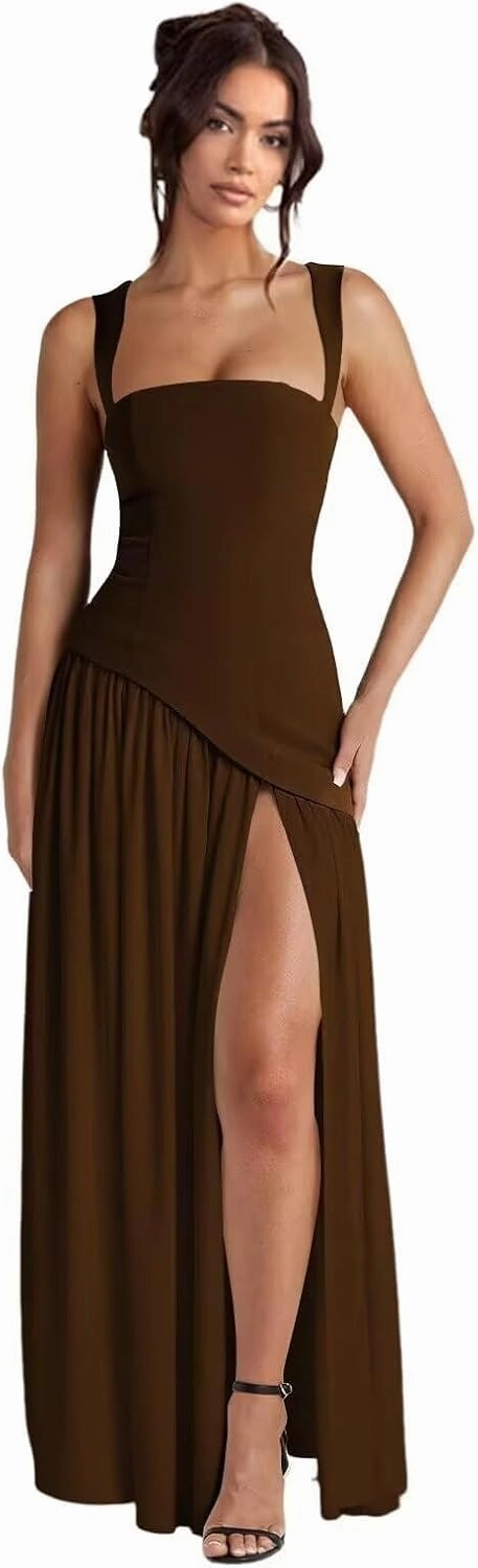 Straps Prom Dresses for Women Long Front Slit Asymmetrical Drop Waist Party Dress for Girls Chiffon Formal Gowns