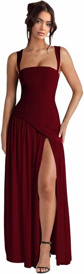 Straps Prom Dresses for Women Long Front Slit Asymmetrical Drop Waist Party Dress for Girls Chiffon Formal Gowns