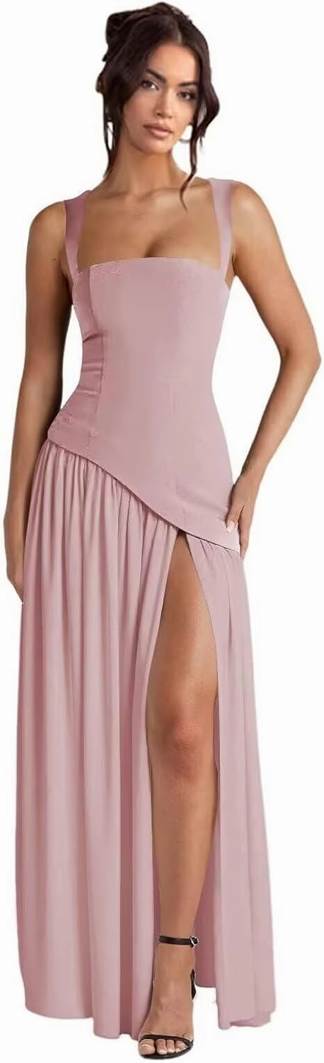 Straps Prom Dresses for Women Long Front Slit Asymmetrical Drop Waist Party Dress for Girls Chiffon Formal Gowns