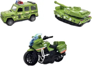 Sumac Friction Powered 3-in-1 Military Vehicle Set – Tank, Armored Car, Motorbike | Die-Cast Alloy Pull-Back Toy Cars for Kids