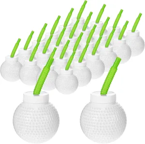 Sumind 24 Set Golf Ball Cups with Straws and Lids, 10 oz Plastic Reusable Golf Party Cups Bulk for Kids Birthday Theme Party Supplies