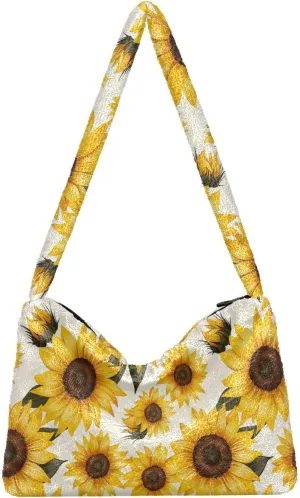 Sunflowers S tyle Fluffy Furry Tote Bag Plush Underarm Bag Women Ladies Shoulder Handbag Purse for Autumn and Winter