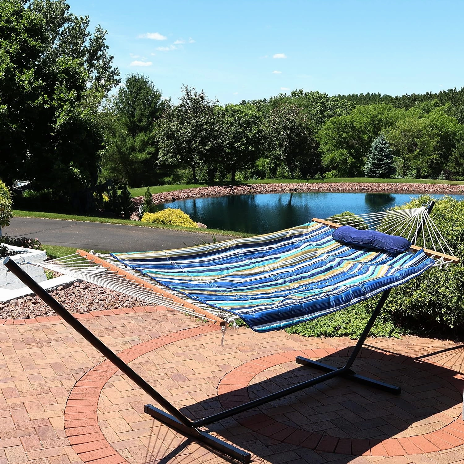 Sunnydaze Rope Hammock with 12-Foot Stand and Hammock Pad - 275-Pound Capacity - Lakeview