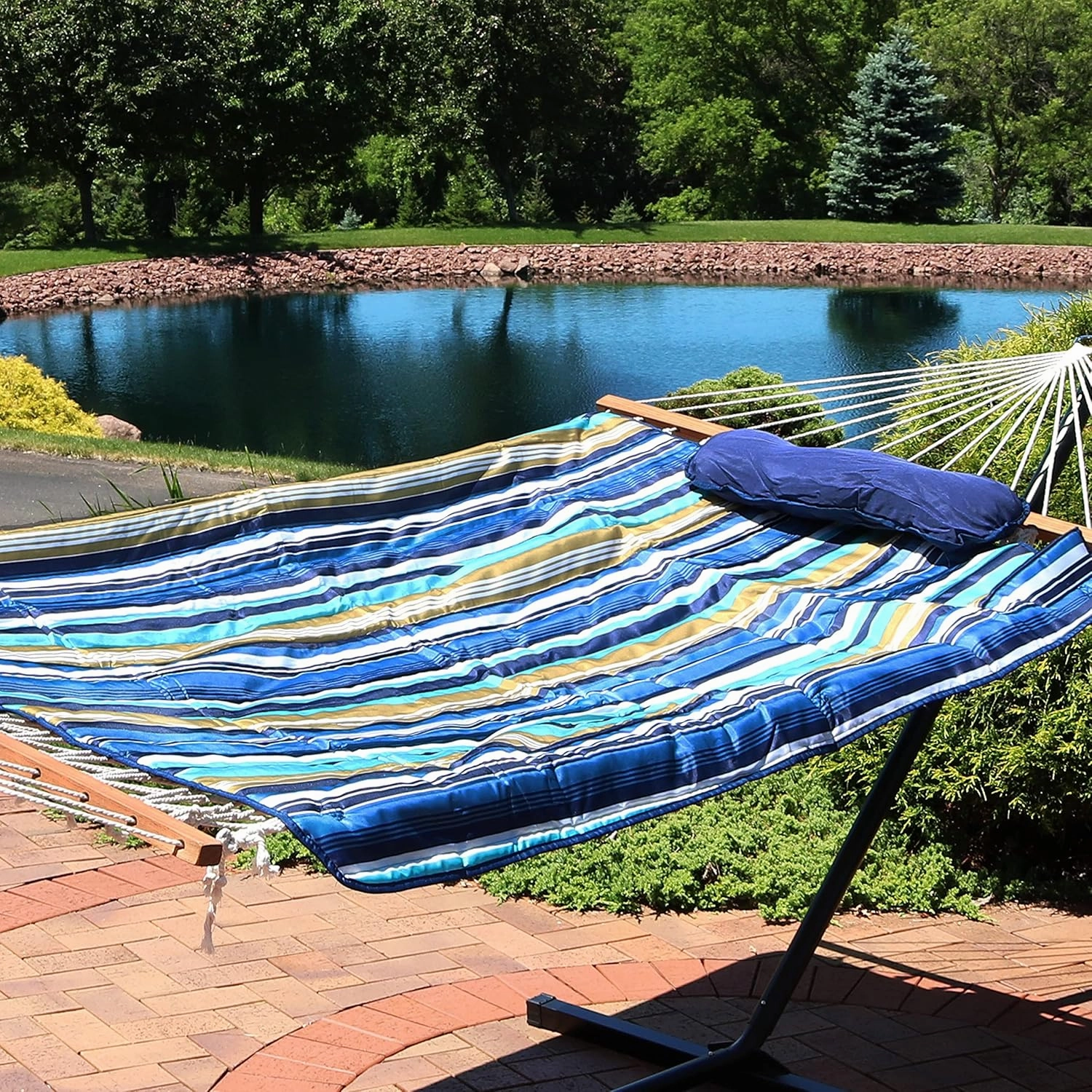 Sunnydaze Rope Hammock with 12-Foot Stand and Hammock Pad - 275-Pound Capacity - Lakeview