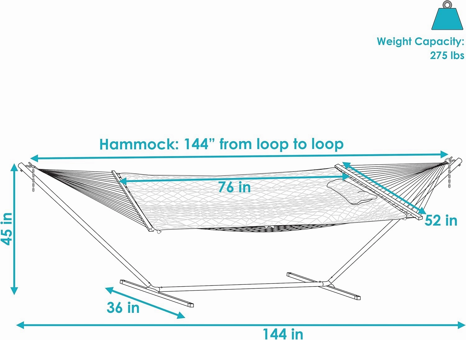 Sunnydaze Rope Hammock with 12-Foot Stand and Hammock Pad - 275-Pound Capacity - Lakeview