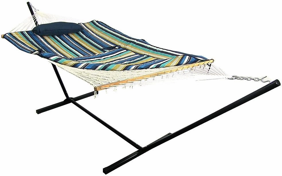 Sunnydaze Rope Hammock with 12-Foot Stand and Hammock Pad - 275-Pound Capacity - Lakeview