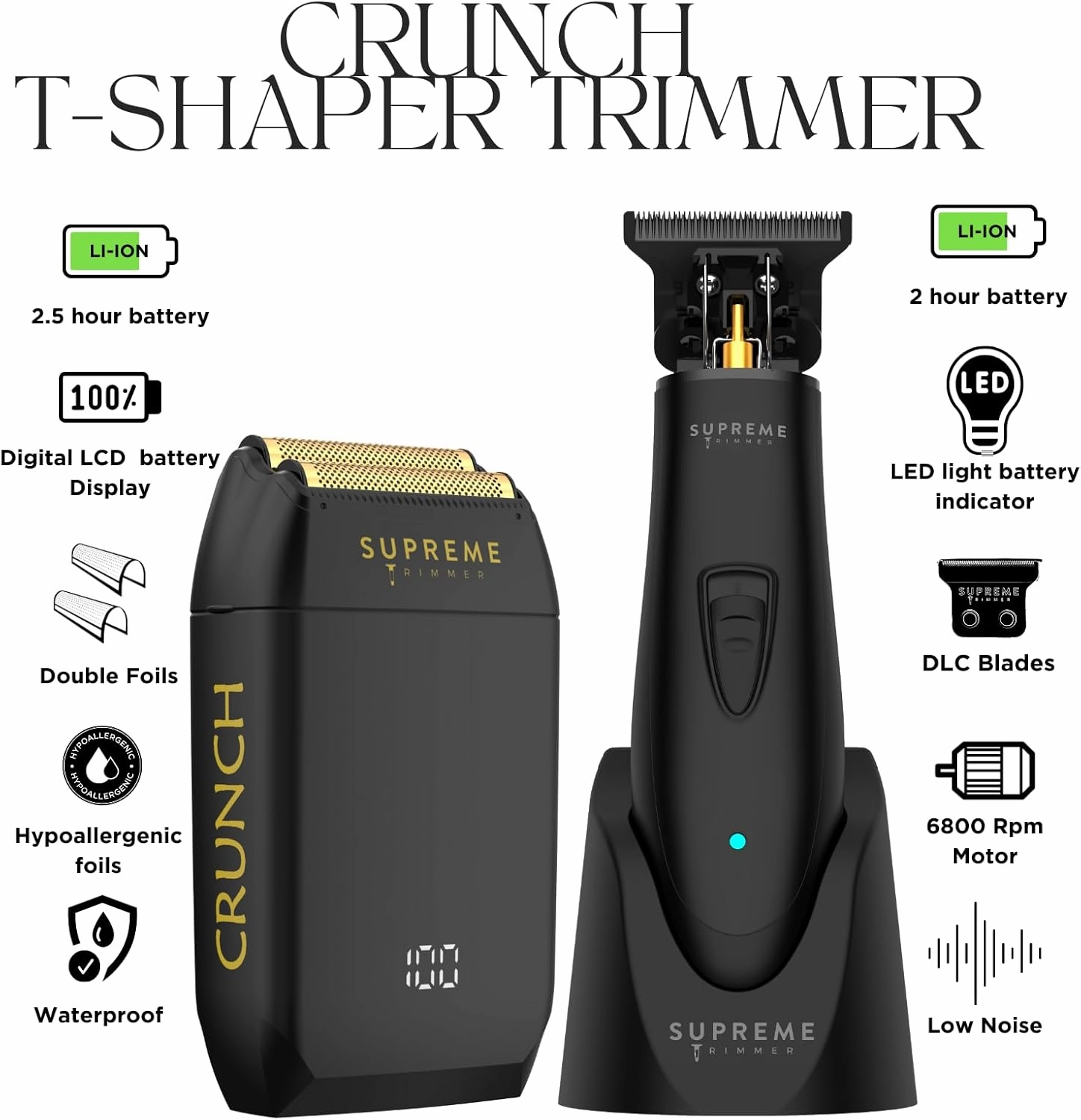 Supreme Trimmer 2-in-1 T-Shaper Trimmer & Crunch Foil Shaver | STF602 Electric Razor & ST5206 DLC Beard Trimmer Barber Haircut Kit | Black