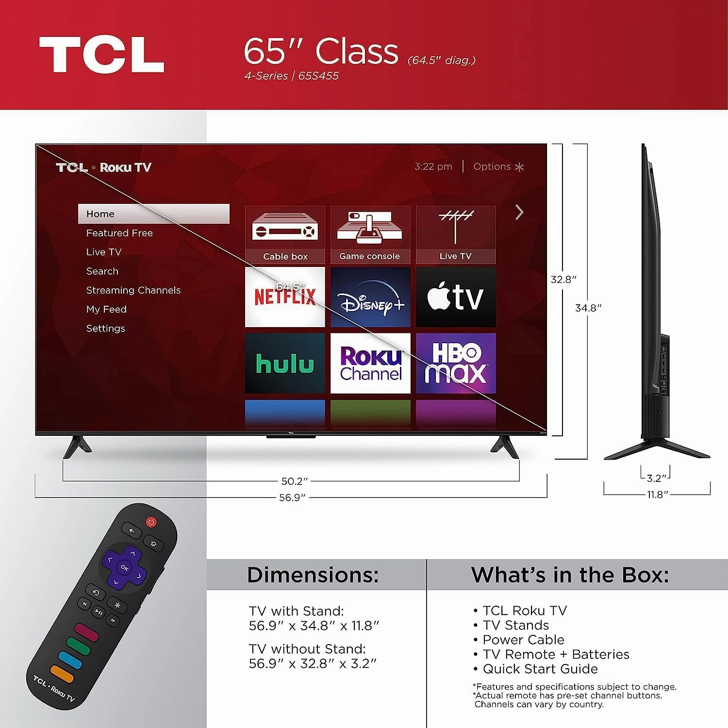 TCL 65" Class 4-Series 4K UHD HDR Smart Roku TV – 65S455