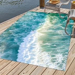 Teal Blue Ocean Beach Theme Indoor Outdoor Area Rug 3x5 Surfing Waves Throw Rug for Deck Balcony Patio Porch Waterproof Durable Anti Slip Washable Rug
