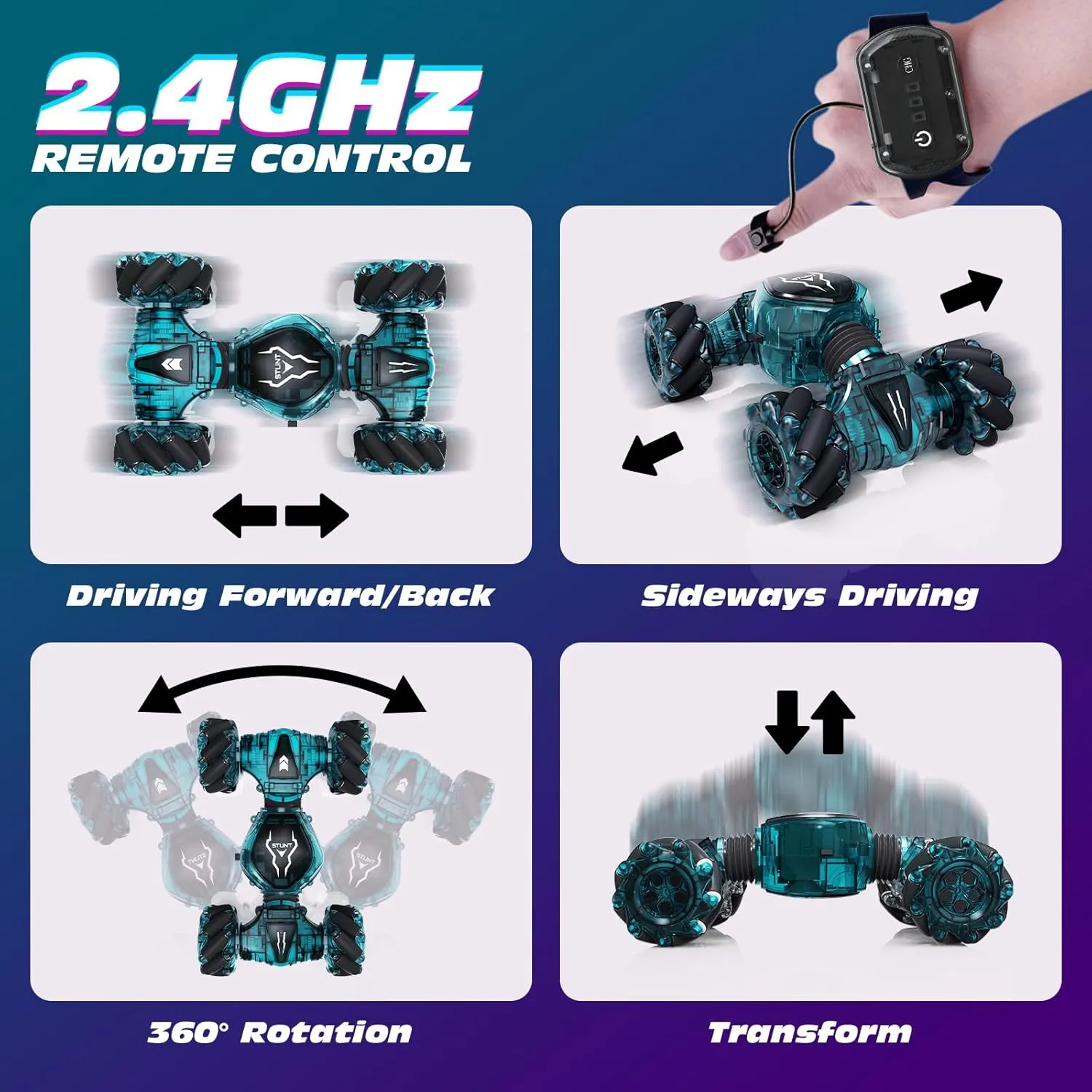 Tecnock Remote Control Car RC Cars for Boys Girls, 2.4GHz 4WD Gesture Sensing RC Stunt Car Toys - 360° Rotating Double Sided Hand Controlled RC Car with Lights, Gifts for Kids