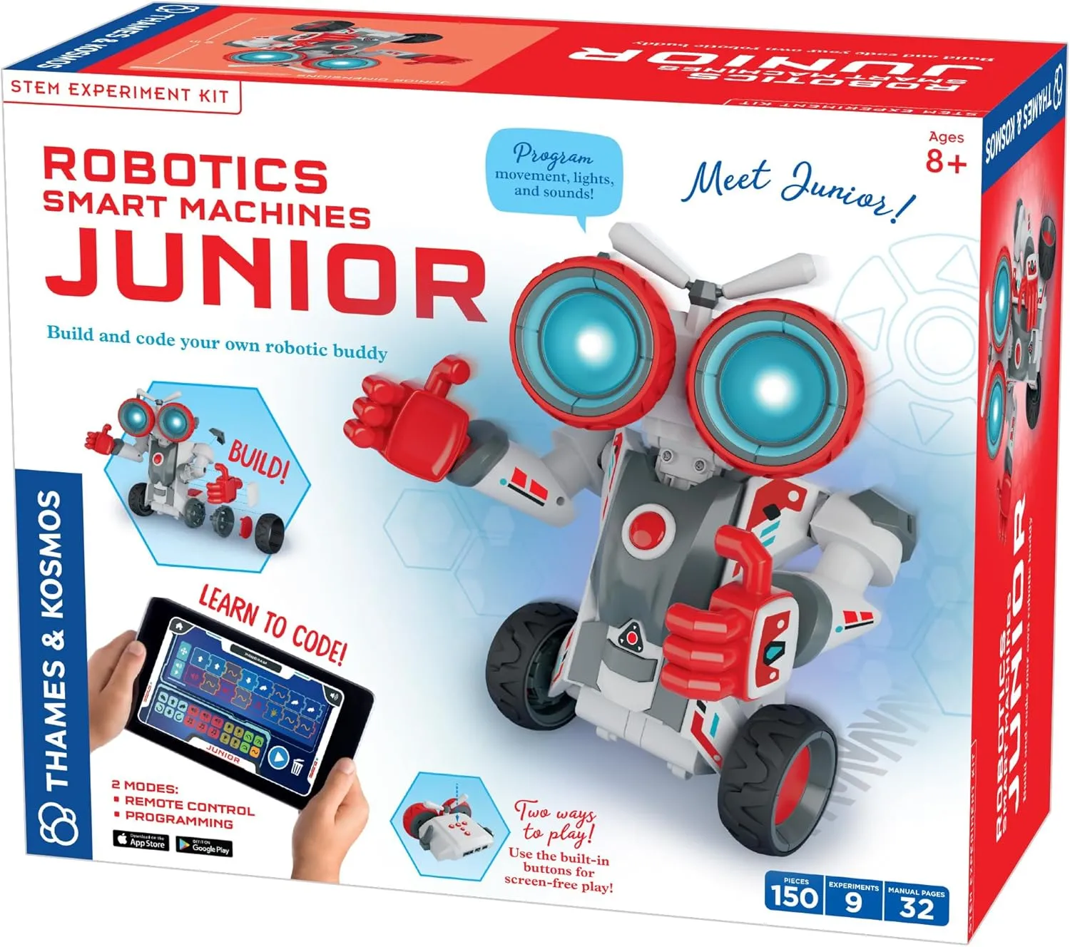 Thames & Kosmos Robotics Smart Machines Junior STEM Kit, Build & Code Your Robot’s Movements, Speed, Lights & Sounds, for Ages 8 , Use Screen-Free w/Built-in Buttons or via Block-Based Coding App