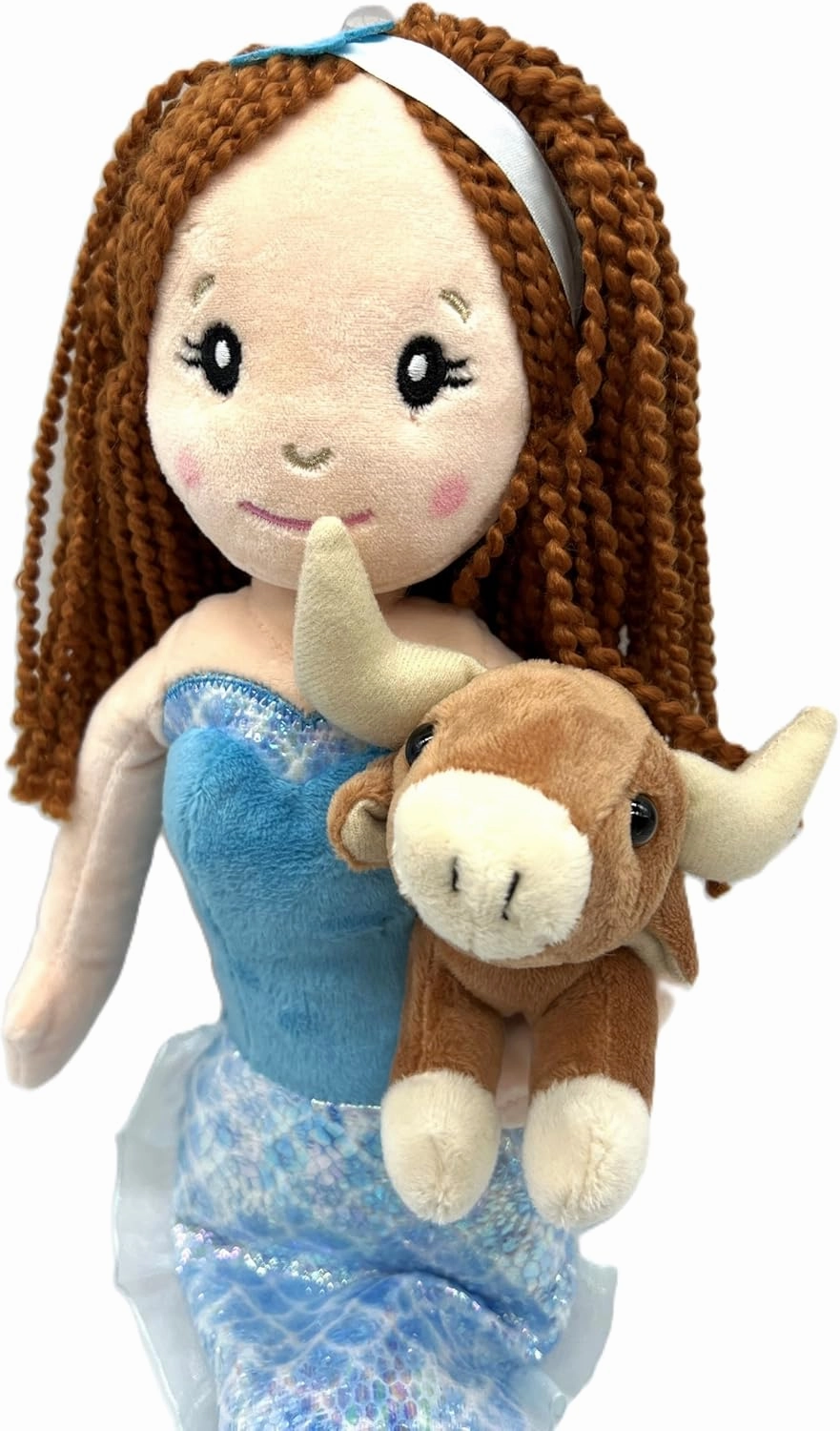 The Petting Zoo, Mermaid Doll with Longhorn Cow Stuffed Animal, Gifts for Girls Plush Mermaid Doll with Long Horn Plush Toy, 17 inch, Red Hair