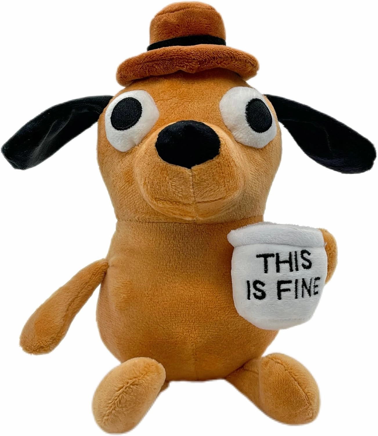 This is Fine Dog Plush, 11" inches Sized, Funny Coffee Drinking Dog Stuffed Animal Action Figures Soft Dolls Meme Plushies, Xmas Birthday Party Graduation Humor Gag Hilarious Ideal Gifts