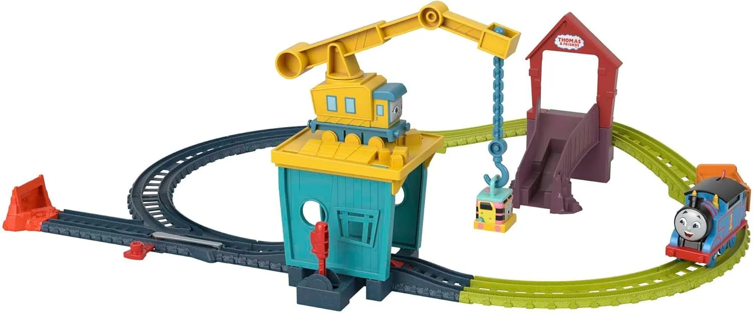 Thomas & Friends Motorized Toy Train Set Fix 'em Up Friends with Carly the Crane, Sandy the Rail Speeder & Thomas for Preschool Kids Ages 3  Years ​