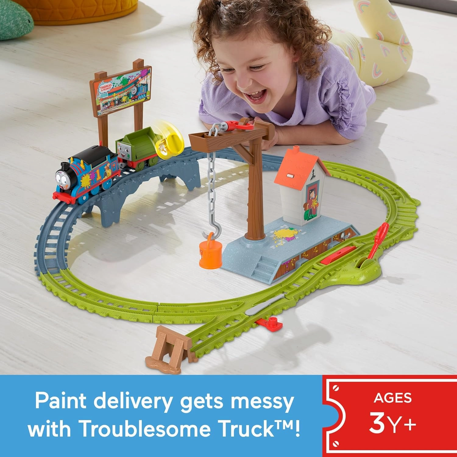 Thomas & Friends Motorized Toy Train Set, Paint Delivery with Troublesome Truck & Track for Pretend Play Preschool Kids Ages 3  Years
