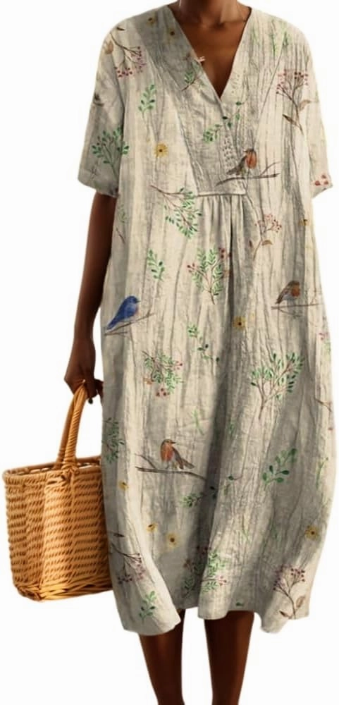 TIAFORD Womens Summer Boho Floral Retro V Neck Beach Sundress Casual Loose Short Sleeve Midi Flowy Dresses with Pockets