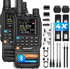 TIDRADIO TD-H3 Ham Radio Type C & Wireless Programming(4PCS Batteries)，8-Band Long Range Walkie Walkies Rechargeable Handheld Portable Full-Featured 2 Way Radios- Black, Full Kit 2Pack