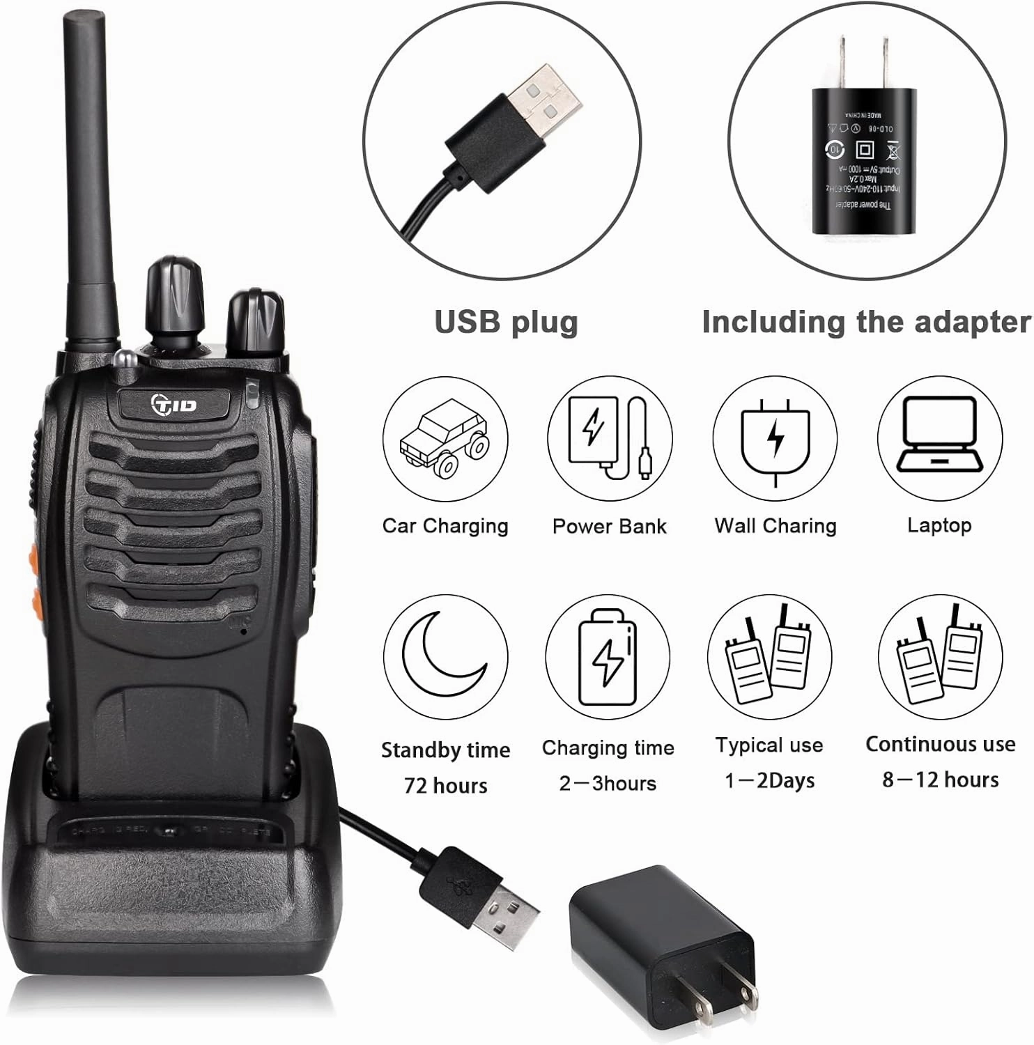 TIDRADIO TD-V2 Walkie Talkies for Adults Long Range, Frequency Copy, Rechargeable Two Way Radios with Secret Service Earpiece, 16CH Portable Durable Flashlight VOX Walky Talky(Black, 6 Pack)
