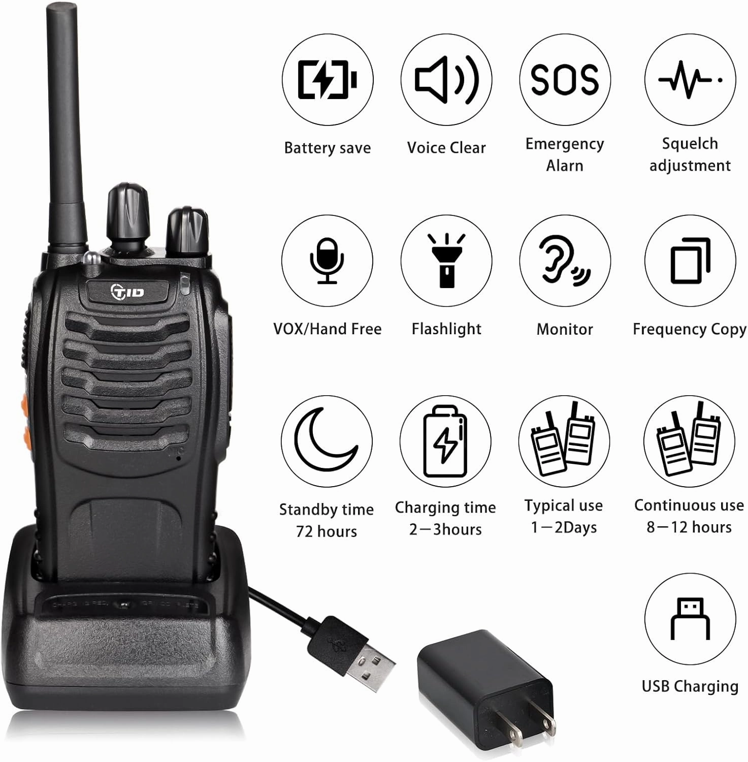 TIDRADIO Walkie Talkies for Adults Long Range, Frequency Copy, Rechargeable Two Way Radios with Secret Service Earpiece, 16CH Portable Flashlight VOX for Business Family TD-V2 (10 Pack,Black)