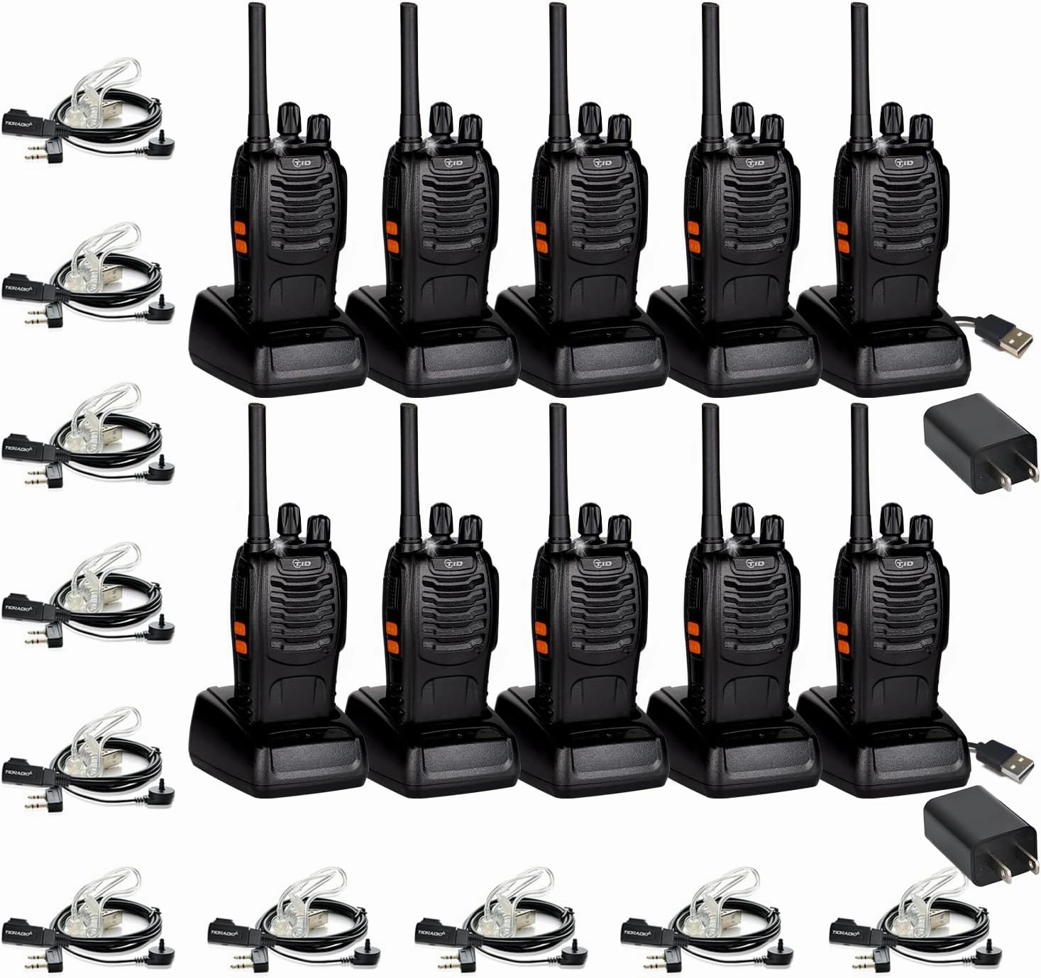 TIDRADIO Walkie Talkies for Adults Long Range, Frequency Copy, Rechargeable Two Way Radios with Secret Service Earpiece, 16CH Portable Flashlight VOX for Business Family TD-V2 (10 Pack,Black)