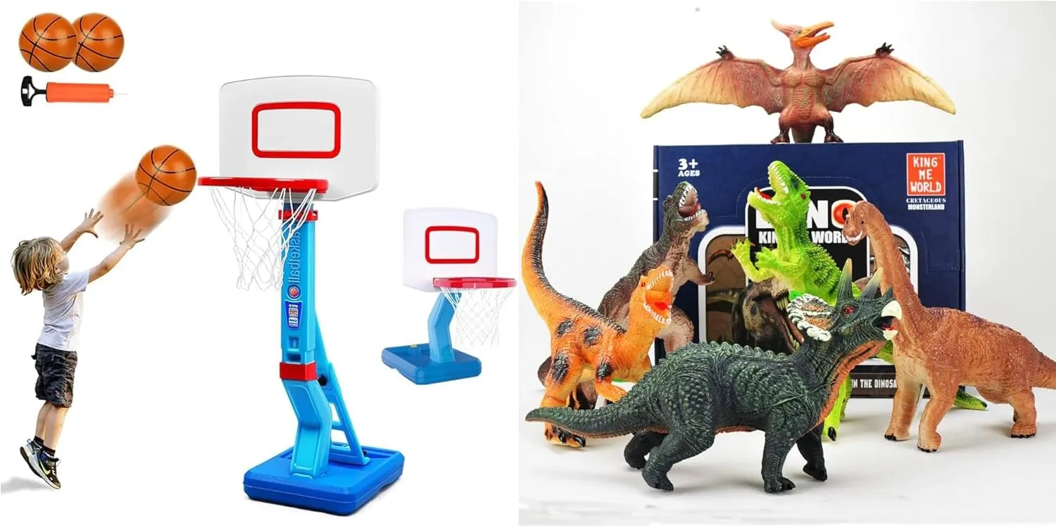 Toddler Basketball Hoop Mini Adjustable Poolside Baby Basketball Goals with Ball Pump for Kids 6pc Jumbo Dinosaur Set, 13-15" Blue Velociraptor & T-Rex