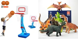 Toddler Basketball Hoop Mini Adjustable Poolside Baby Basketball Goals with Ball Pump for Kids 6pc Jumbo Dinosaur Set, 13-15" Blue Velociraptor & T-Rex