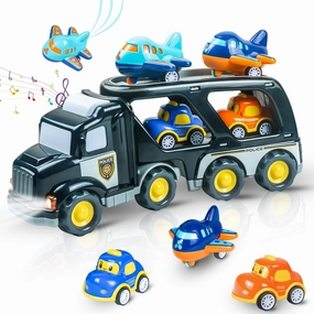 Toddler Trucks Toys for Boys Age 1-5, 5-in-1 Carrier With Sound & Light, 5 Pack Pull Back Toy Cars Set, Friction Power Police Transport & 4 Small Vehicles