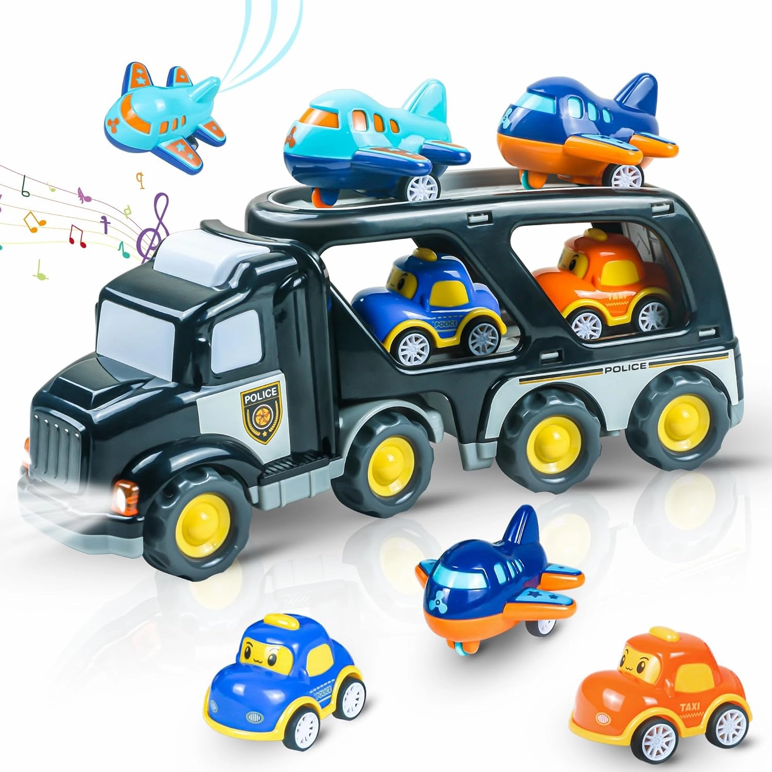 Toddler Trucks Toys for Boys Age 1-5, 5-in-1 Carrier With Sound & Light, 5 Pack Pull Back Toy Cars Set, Friction Power Police Transport & 4 Small Vehicles