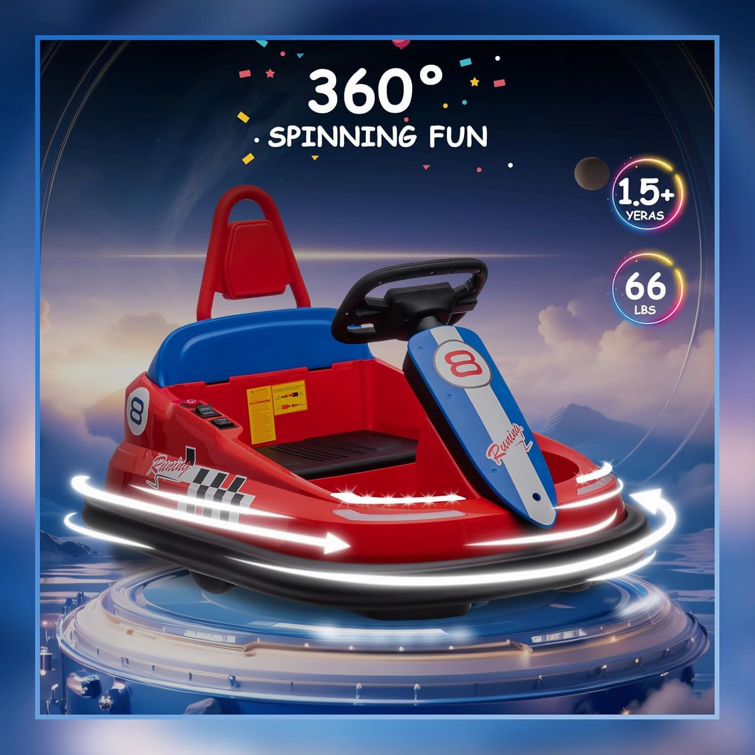 Toddlers Bumper Car, 6V Kids Electric Ride On Toys, 2 Mph Max Speed, Steering Wheel, 360 Degree Spin, 2-Speeds, Lights, Music & Horn, for Boys Girls 3-6 Years Old, Red