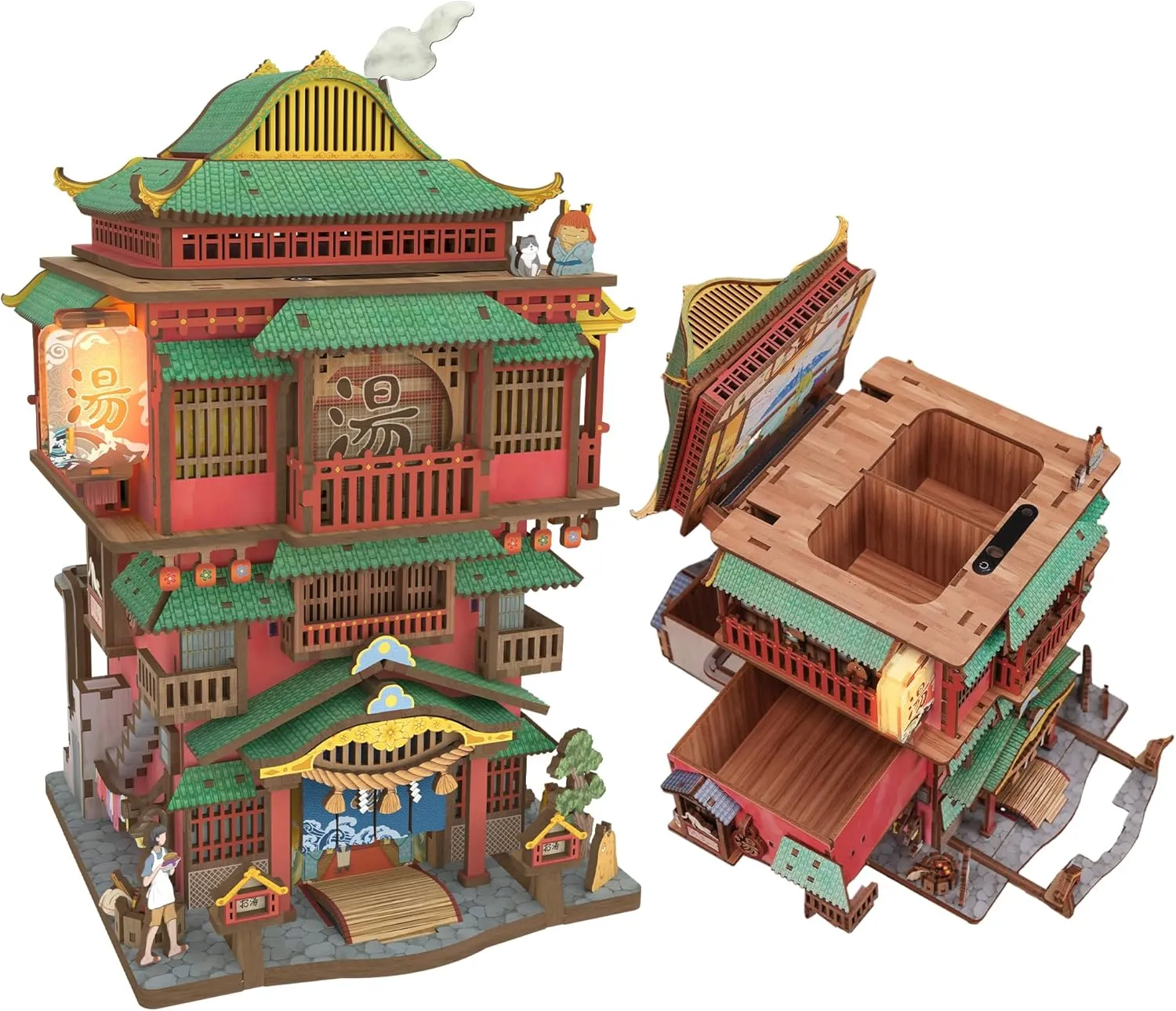Tonecheer 3D Puzzle Kit for Adults, DIY Wooden Model Building Set Desktop Storage Kit Box Japanese Miniature Doll House, Home Decor Wood Craft Auto-Sensing Gift for Christmas Birthday (Onsen Saga)