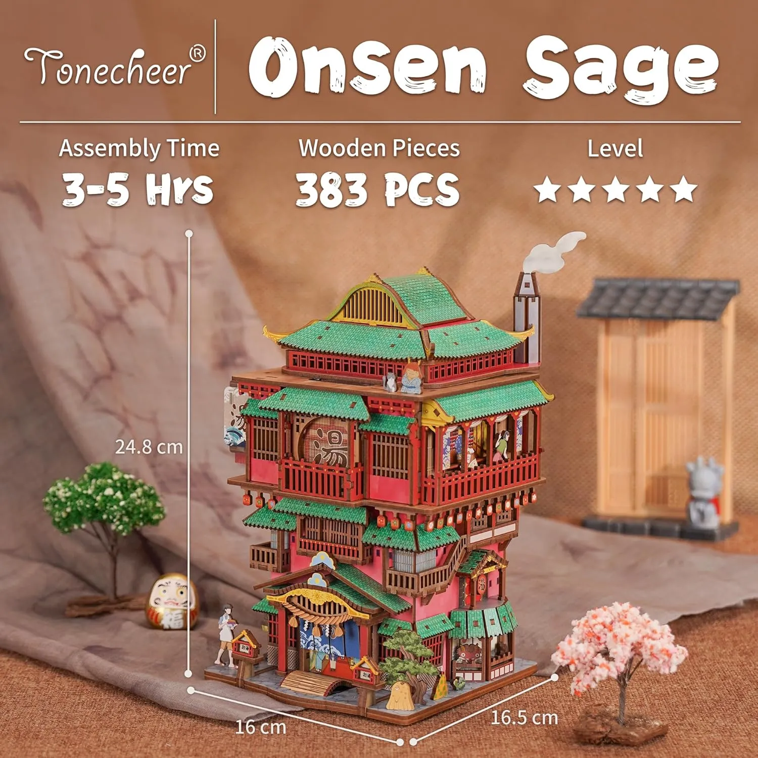 Tonecheer 3D Puzzle Kit for Adults, DIY Wooden Model Building Set Desktop Storage Kit Box Japanese Miniature Doll House, Home Decor Wood Craft Auto-Sensing Gift for Christmas Birthday (Onsen Saga)