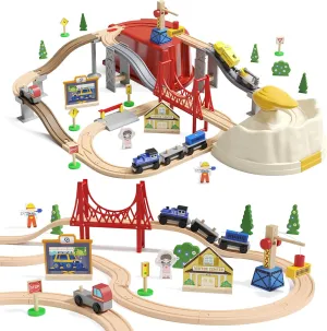 tonfoo Train Set 59pcs Train Set, Toy Train for Boys & Girls with Wooden Train Track, Wooden Toys for 3-7 Years Old Toddlers & Kids, Railway Set Christmas Toys for Kids