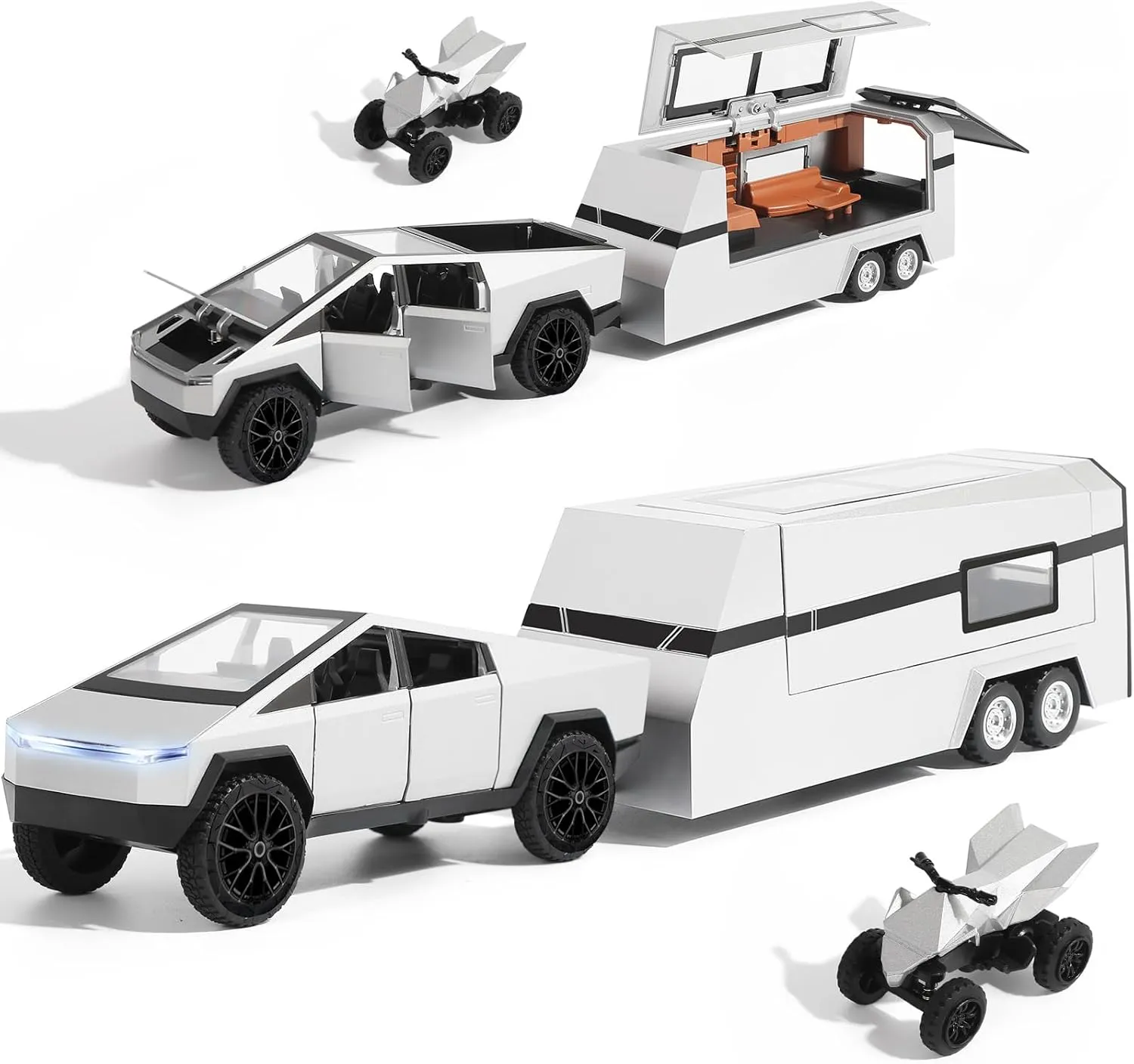 Toy RV with Mars Pickup Trailer for Boys Toy Trucks, Car Trailer Model with Lights and Sound, Pull Back Feature, Truck and Trailer Toys for Boys, for Kids and Adults (Silver)