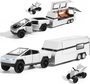Toy RV with Mars Pickup Trailer for Boys Toy Trucks, Car Trailer Model with Lights and Sound, Pull Back Feature, Truck and Trailer Toys for Boys, for Kids and Adults (Silver)