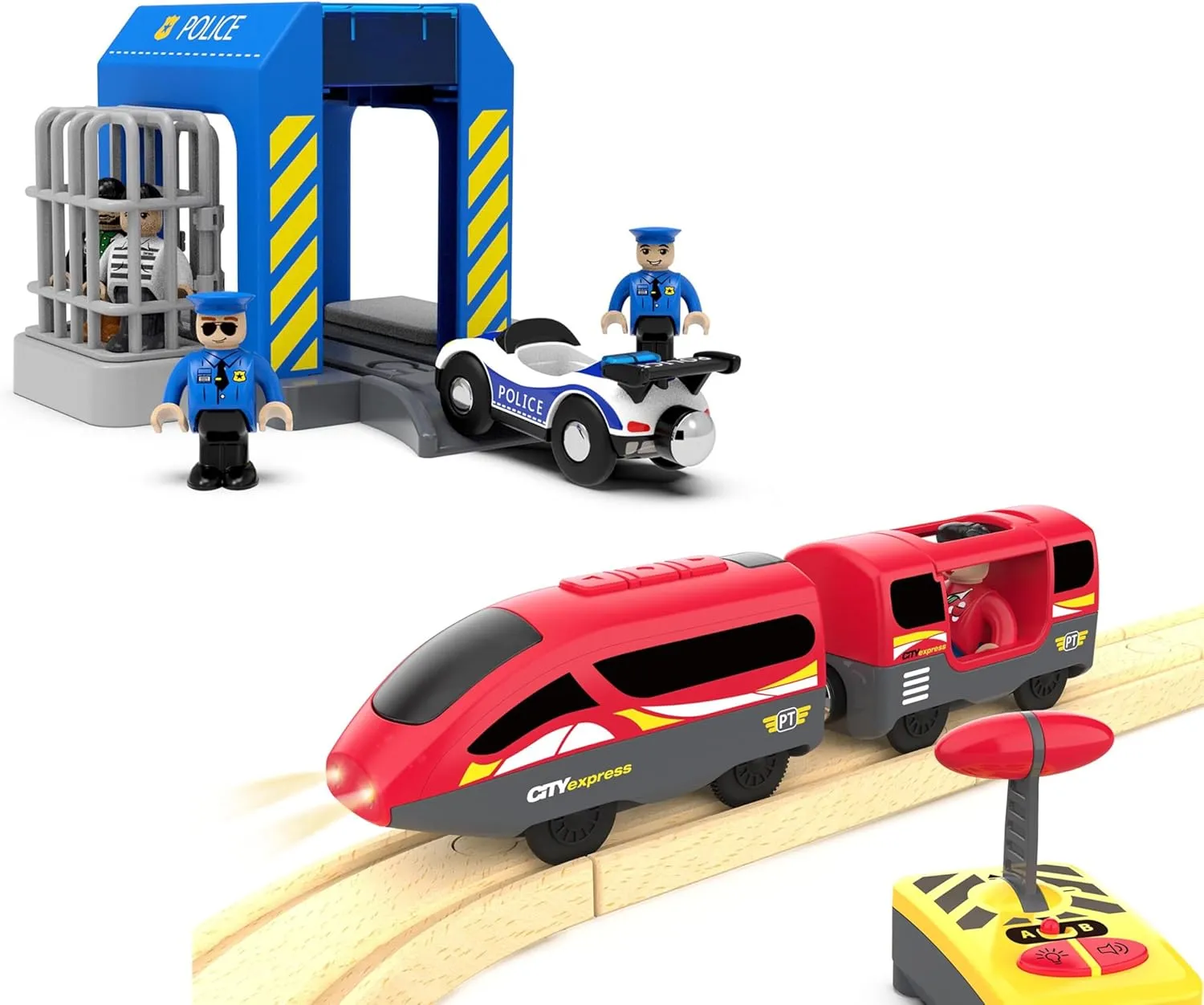 Toy Train Accessories Police Station and Motorized Train Set for Railway System Compatible with Thomas & Friends, Brio, Chuggington, Melissa and Doug