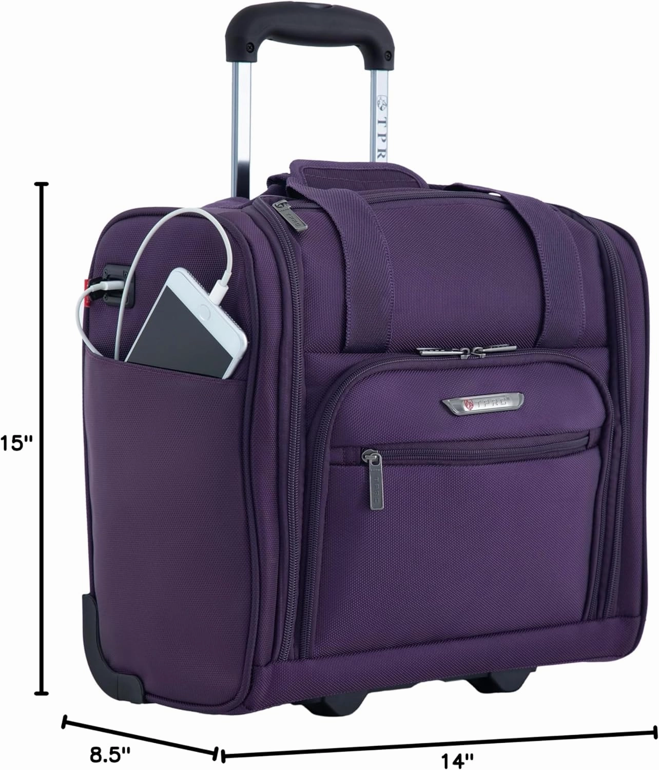 TPRC Smart Under Seat Carry-On Luggage with USB Charging Port, Purple, Underseater 15-Inch